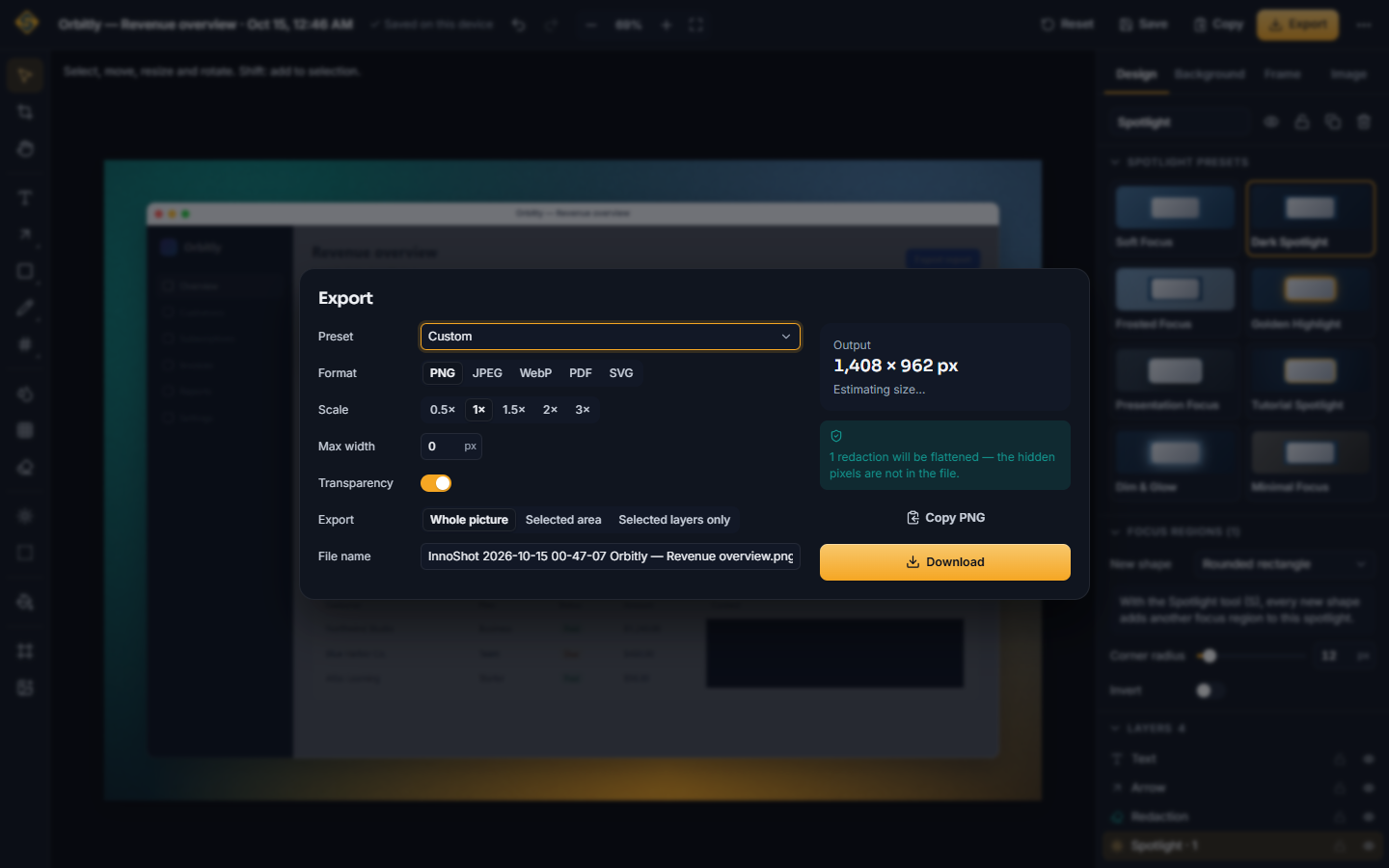 The InnoShot export dialog: PNG, JPEG, WebP, PDF and SVG formats, scale, transparency, the output size of 1,408 by 962 pixels, and a notice that one redaction will be flattened so the hidden pixels are not in the file.