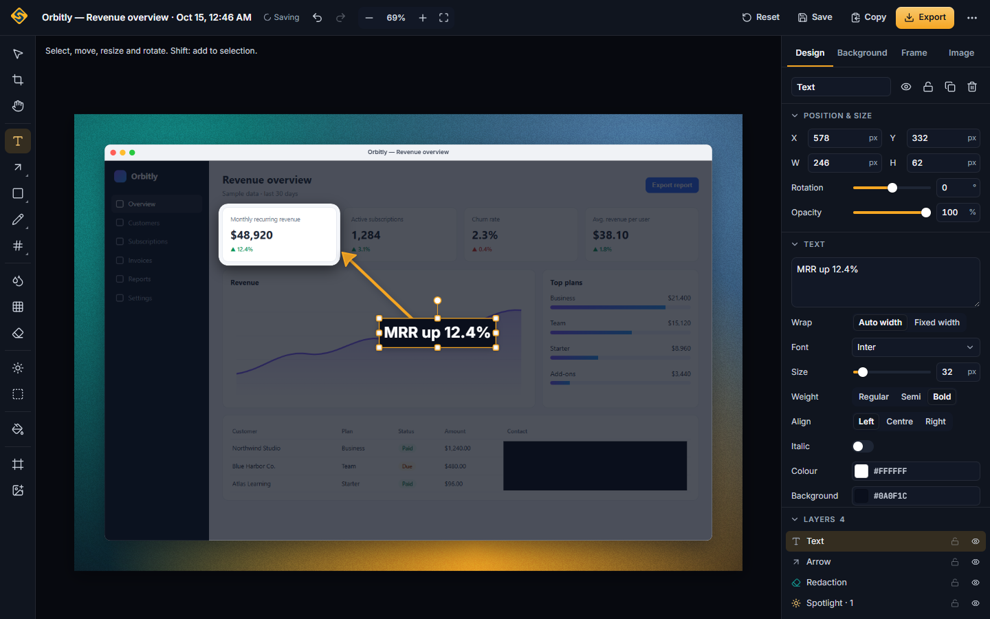 The InnoShot editor: a dashboard capture on a teal and amber gradient background with a spotlight on one card, an arrow and the label MRR up 12.4%, the tool rail on the left and the text settings and layers list on the right.