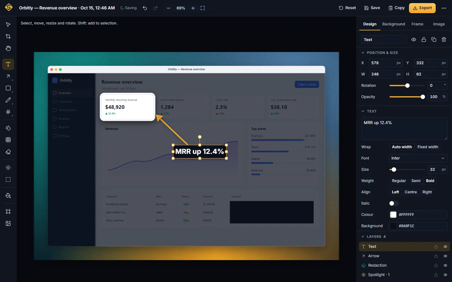 InnoShot — The editor: a capture on a gradient, spotlit and labelled