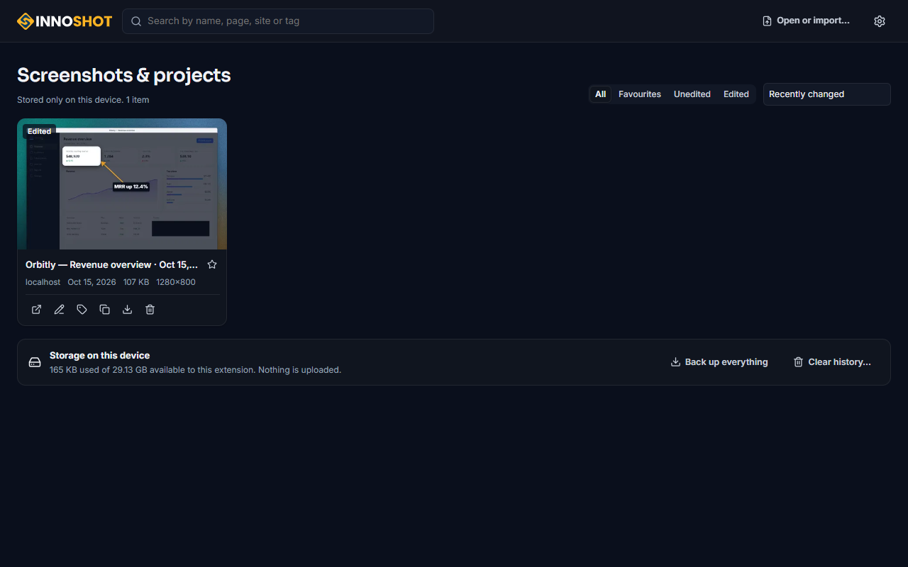 The InnoShot library of screenshots and projects with search, filters, an edited capture and the storage used on this device.