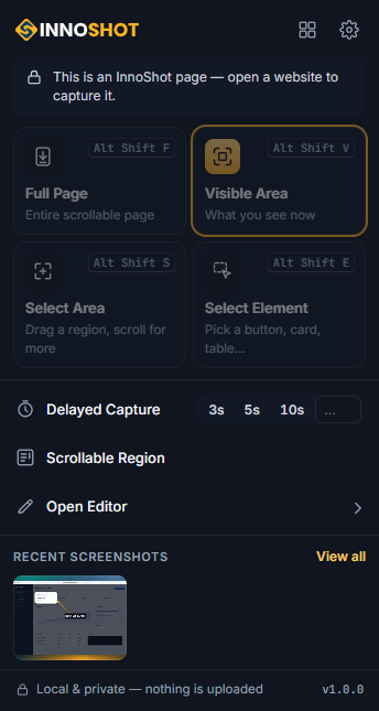 The InnoShot popup with Full Page, Visible Area, Select Area and Select Element buttons, delayed capture times, Scrollable Region, Open Editor and recent screenshots.