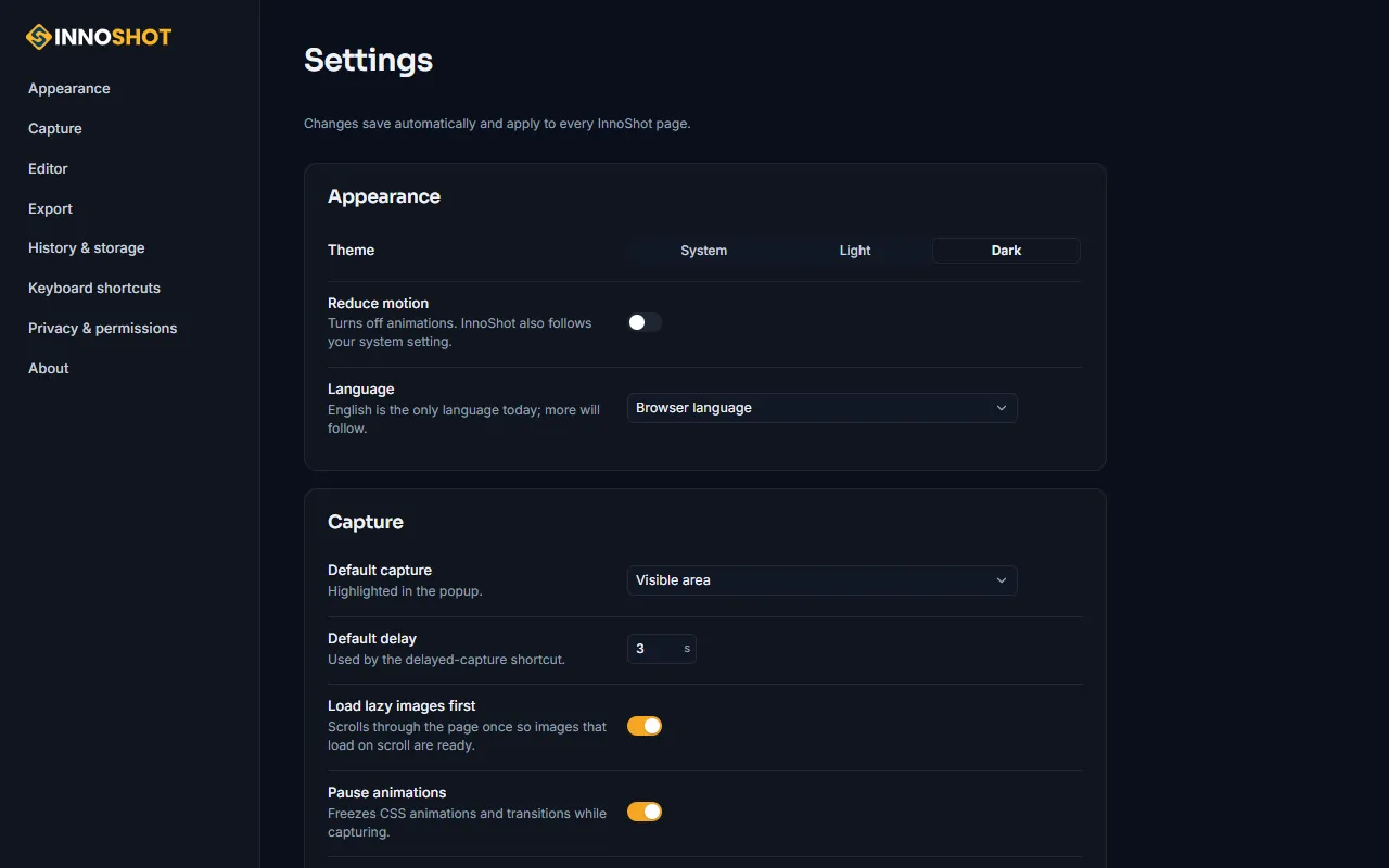 InnoShot — Settings, including reduced motion and history retention